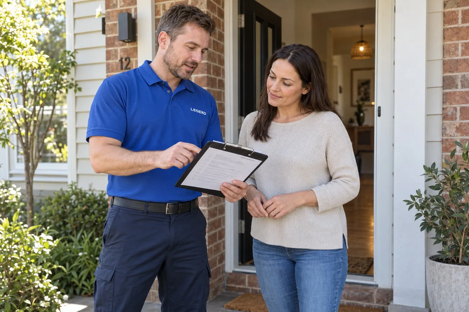 Illustrative Australian technician and homeowner discussing pest control at the front door
