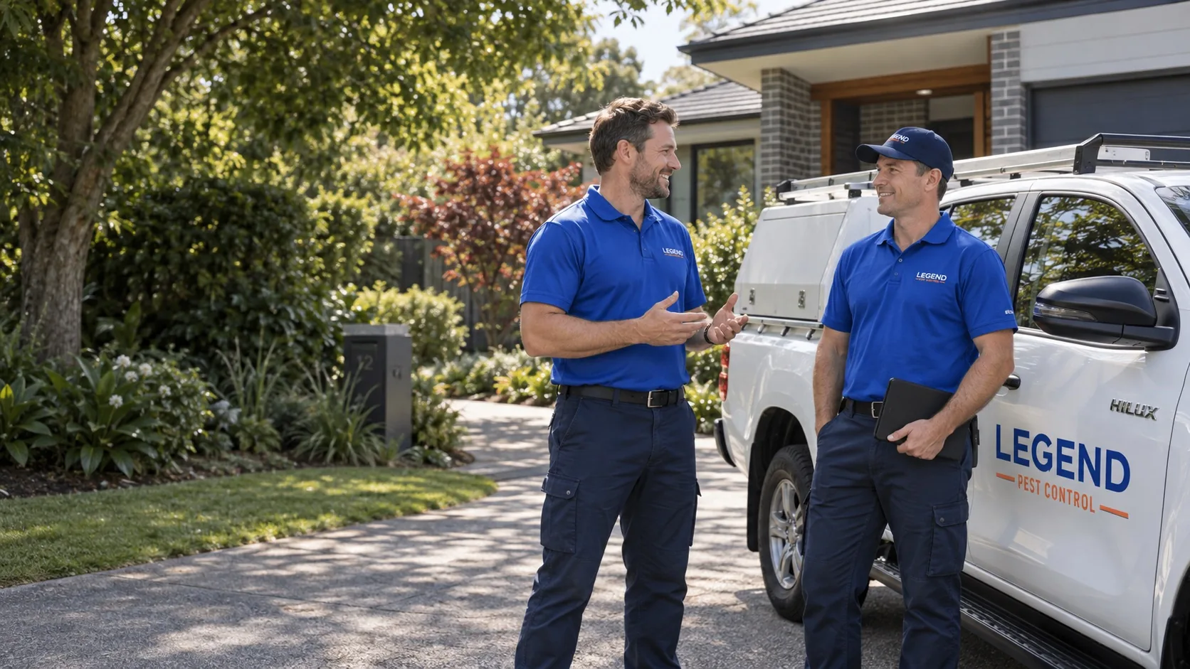 Illustrative pest control team beside a branded HiLux outside a Melbourne home